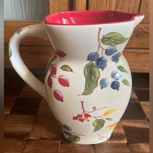 Vintage FTD Cream Colored Pitcher With Berries And Red Trim
